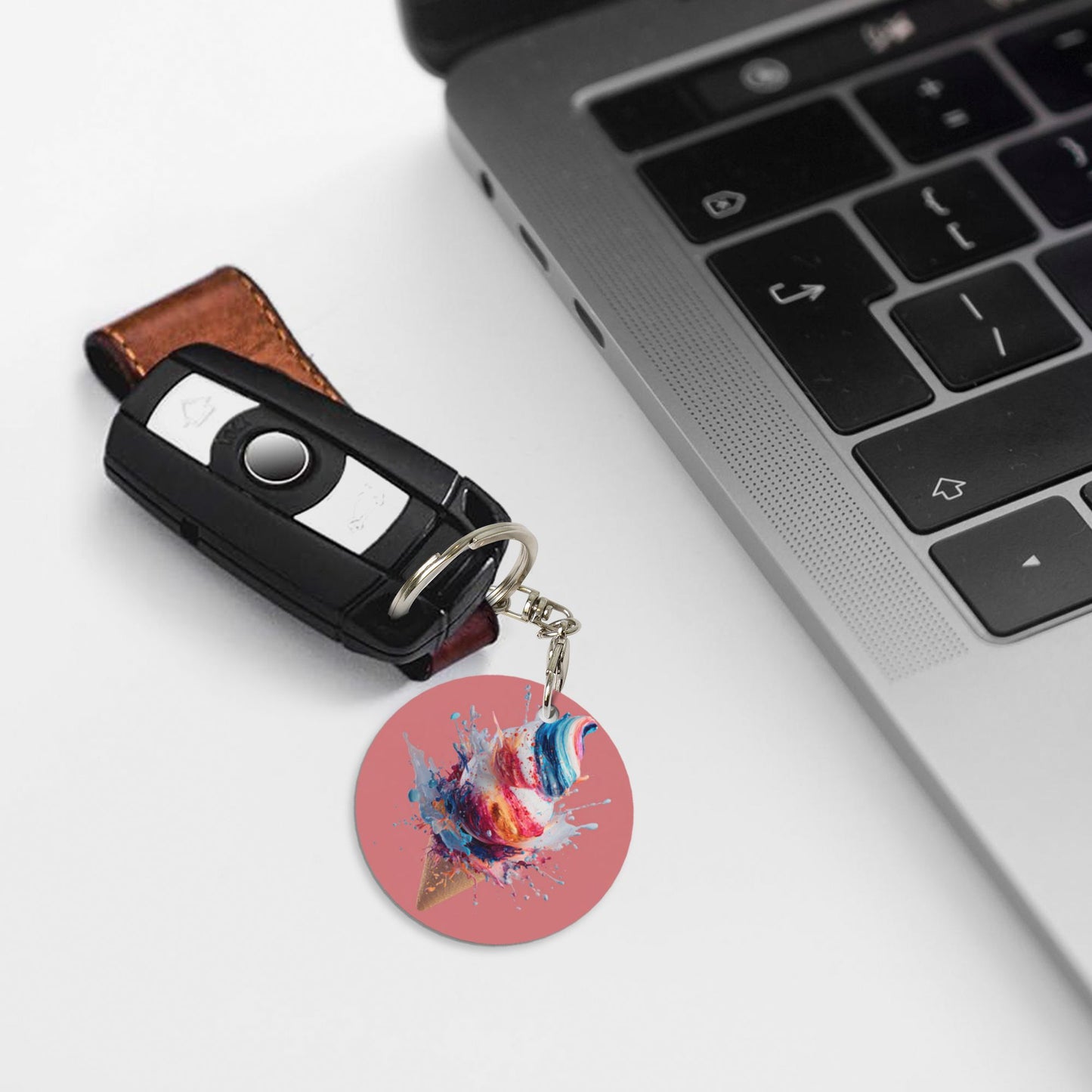 Colorful Splashing Ice - Cream Round Metal Keychain (Approx. 7cm×5cm×3cm in Size )